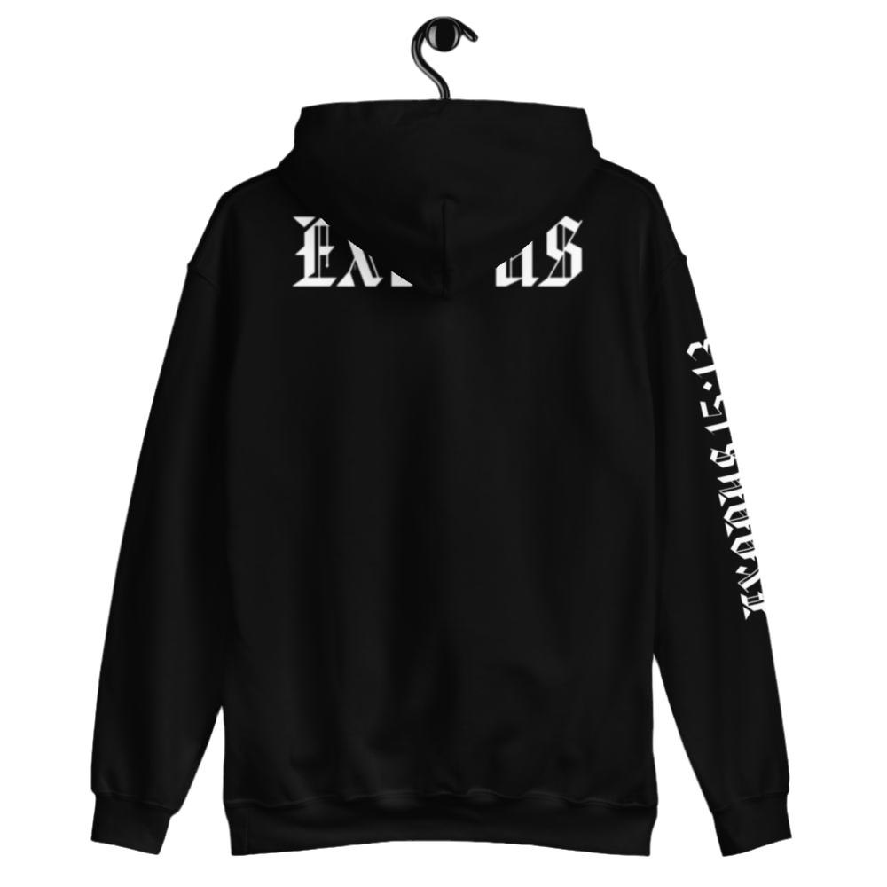 EXODUS 15:13 white on black hoodie