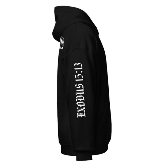 EXODUS 15:13 white on black hoodie